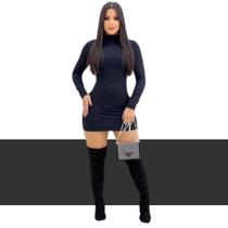 Vestido Feminino Colado Manga Longa Gola Alta Modelo Curto Canelado Moda Blogueira Vestido Feminino Colado Manga Longa Gola Alta Modelo Curto Canelado Moda Blogueira