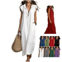 Vestido feminino com babados, arte, moda, algodão, linho, decote em V, maxi