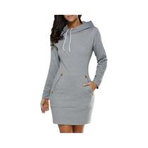 Vestido Feminino Com Capuz Até O Joelho, Manga Longa, Zíper Lateral, Saia Casual Esportiva Com