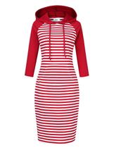 Vestido feminino com capuz MISSKY, bolso listrado, manga 3/4, vermelho e branco Vestido feminino com capuz MISSKY, bolso listrado, manga 3/4, vermelho e branco
