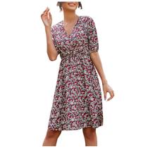 Vestido feminino com decote em V casual floral patchwork sólido temperamento cintura pack