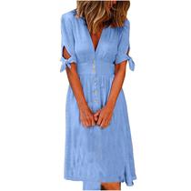 Vestido feminino com decote em V cor sólida manga curta longo cardigã abotoado Vestido feminino com decote em V cor sólida manga curta longo cardigã abotoado
