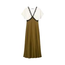 Vestido Feminino Com Decote Em V E Costura De Renda, Cetim Macio, Manga Curta, Vestido Chique Para