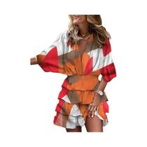 Vestido Feminino Com Decote Em V, Manga Morcego, Cintura Elástica, Estampado, Mini, Casual, Com Vestido Feminino Com Decote Em V, Manga Morcego, Cintura Elástica, Estampado, Mini, Casual, Com