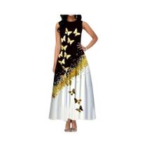 Vestido Feminino Com Estampa De Borboleta E Bolso, Primavera Verão, Linha A, Saia Longa, Gola