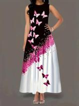 Vestido Feminino Com Estampa De Borboleta E Bolso, Primavera Verão, Linha A, Saia Longa, Gola