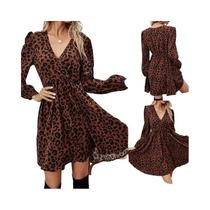 Vestido Feminino Com Estampa De Leopardo, Decote Em V, Manga Bolha, Mini Vestido Elegante E Sexy Vestido Feminino Com Estampa De Leopardo, Decote Em V, Manga Bolha, Mini Vestido Elegante E Sexy