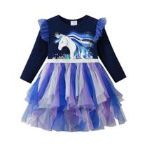 Vestido Feminino Com Estampa De Unicórnio, Manga Larga, Malha Irregular, Tule, Outono, Roupa Escolar