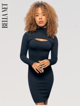 Vestido feminino com mangas longas tubinho decotado gringa luxo tecido premium - Preto - G Vestido feminino com mangas longas tubinho decotado gringa luxo tecido premium - Preto - G