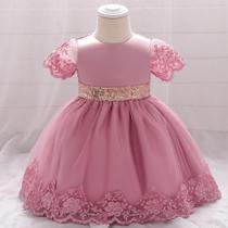 Vestido feminino com renda cor rosa infantil festa -Tamanho M 2 anos