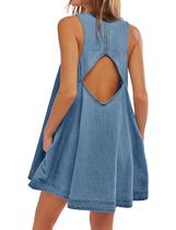 Vestido feminino Creerer, jeans, sem mangas, azul, linha A com bolsos