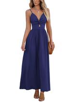 Vestido feminino CUPSHE com decote em V, verão, maxi, sol, azul marinho, tamanho S