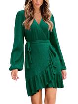 Vestido feminino CUPSHE franzido, decote em V, manga comprida, verde, tamanho GG