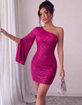 Vestido Feminino Curto Brilho Paete Festa Manga Unica Flare Vestido Feminino Curto Brilho Paete Festa Manga Unica Flare
