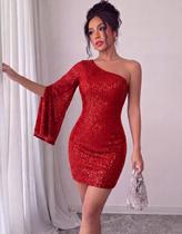 Vestido Feminino Curto Brilho Paete Festa Manga Unica Flare Vestido Feminino Curto Brilho Paete Festa Manga Unica Flare