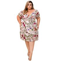 Vestido feminino curto decote V profundo florido laise bordado algodão estampa floral até o joelho moda slim e Plus Size 40 ao 56