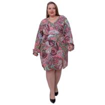 Vestido Feminino Curto floral Decote V Fenda Lateral Manga Longa Bufante Bolsos Zíper Estampa Floral Viscolinho Plus Size GG ao G5 - 48 ao 62