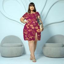 Vestido Feminino Curto Floral decote V leve com fenda manga curta plus size real viscolinho 48 ao 62 - J Leda Vestuarios