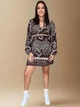 Vestido Feminino Curto Manga Longa Estampa Boho Chic Moderno Casual Decote V Gola Acinturado Amarração Estiloso