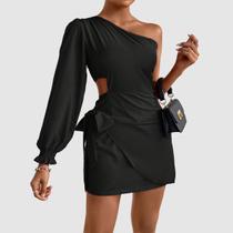 Vestido Feminino Curto Soltinho Uma Manga Longa De Amarrar