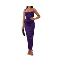 Vestido Feminino De Cetim Com Alças, Forro Duplo, Elástico Com Barbatanas, Decote Drapeado E Fenda,