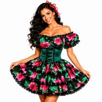 Vestido Feminino de Festa Junina Caipira Adulta Xadrez de Luxo Rodado Com Espartilho