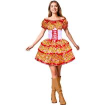 Vestido Feminino de Festa Junina Caipira Adulta Xadrez de Luxo Rodado Com Espartilho