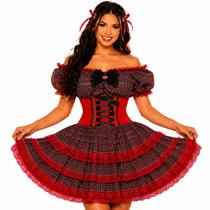 Vestido Feminino de Festa Junina Luxo Xadrez Super Rodado Acinturado Com Espartilho Tamanhos do 32 a 50