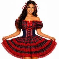 Vestido Feminino de Festa Junina Luxo Xadrez Super Rodado Acinturado Com Espartilho Tamanhos do 32 a 50
