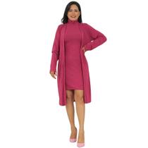 Vestido Feminino de Lã Inverno Midi com Cardigan Confortável para o Dia a Dia Casual Lanzinha Moda Frio Quentinho Quente