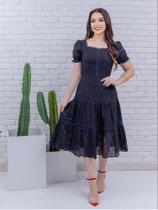 Vestido Feminino De Lese Midi 100% Algodão Forrado Bordado Manga Princesa