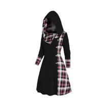 Vestido Feminino De Malha Com Capuz E Estampa Xadrez, Cintura Alta, Manga Longa, Modelo Evasê Vestido Feminino De Malha Com Capuz E Estampa Xadrez, Cintura Alta, Manga Longa, Modelo Evasê