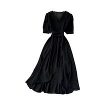 Vestido Feminino De Manga Bufante Em Cor Sólida Com Decote Em V E Borda Irregular Com Renda Para