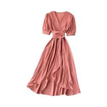 Vestido Feminino De Manga Bufante Em Cor Sólida Com Decote Em V E Borda Irregular Com Renda Para