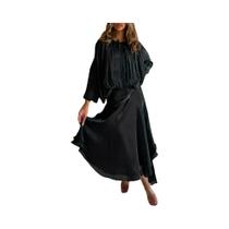 Vestido Feminino De Manga Longa Com Decote Redondo, Cintura Alta, Solto, Com Recortes E Pregas, Vestido Feminino De Manga Longa Com Decote Redondo, Cintura Alta, Solto, Com Recortes E Pregas,