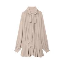 Vestido Feminino De Manga Longa Com Laço E Babados Na Barra, Conjunto De 2 Peças, Vestido Curto