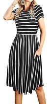 Vestido feminino de primavera de manga curta, modesto, casual, midi, listrado, preto, S Vestido feminino de primavera de manga curta, modesto, casual, midi, listrado, preto, S