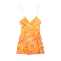 Vestido Feminino De Verão Com Decote V E Costas Abertas Em Seda E Tule, Elegante Com Estampa Vestido Feminino De Verão Com Decote V E Costas Abertas Em Seda E Tule, Elegante Com Estampa