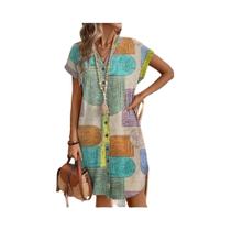 Vestido Feminino De Verão Com Estampa Geométrica, Decote Em V E Botões, Estilo Elegante