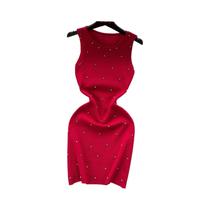 Vestido Feminino De Verão Em Tricô Sem Mangas, Modelo Bodycon Com Detalhes Em Pedraria, Mini Vestido