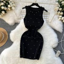 Vestido Feminino De Verão Em Tricô Sem Mangas, Modelo Bodycon Com Detalhes Em Pedraria, Mini Vestido