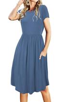 Vestido feminino de verão, manga curta, bolso, casual, midi, para professores, azul, GG Vestido feminino de verão, manga curta, bolso, casual, midi, para professores, azul, GG