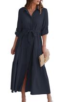 Vestido feminino ECOWISH Maxi 2024 de manga comprida azul marinho