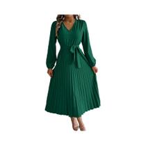Vestido Feminino Elegante Com Botões, Decote Em V, Manga Longa, Plissado E Com Amarração Nas Cores
