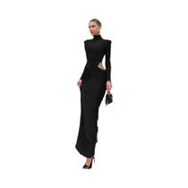 Vestido Feminino Elegante De Gola Alta Com Cintura Franzida, Manga Longa, Design Vazado, Estilo Vestido Feminino Elegante De Gola Alta Com Cintura Franzida, Manga Longa, Design Vazado, Estilo