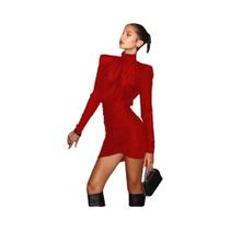 Vestido Feminino Elegante De Gola Alta Com Ombreiras, Franzido, Justo No Quadril, Mini Bodycon Para