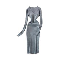 Vestido Feminino Elegante De Tricô Com Decote Em V, Ajustado Ao Corpo, Cintura Fina, Outono Inverno,