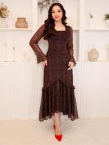 Vestido Feminino Elegante de Tule Manga Longa Midi Estampado Decote Quadrado