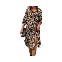 Vestido Feminino Elegante De Verão Com Estampa De Leopardo Casual Solto Meia Panturrilha Vestido