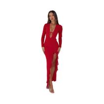 Vestido Feminino Elegante E Sexy Com Decote Em V, Manga Longa E Detalhes Em Tela Para Festas E